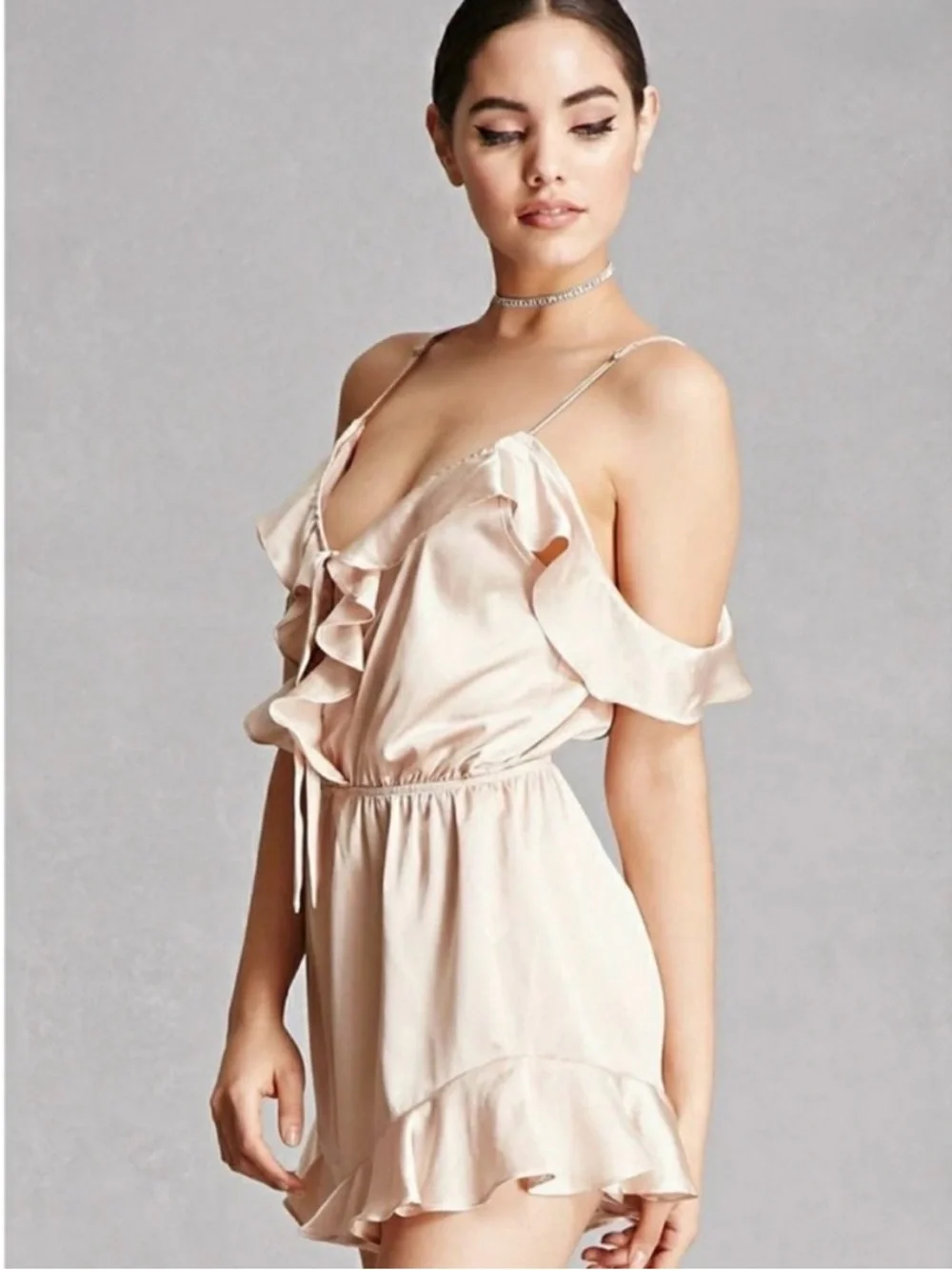 Selfie Leslie Gold Satin Style Romper Shorts Off Shoulder Size Small - Picture 4 of 14